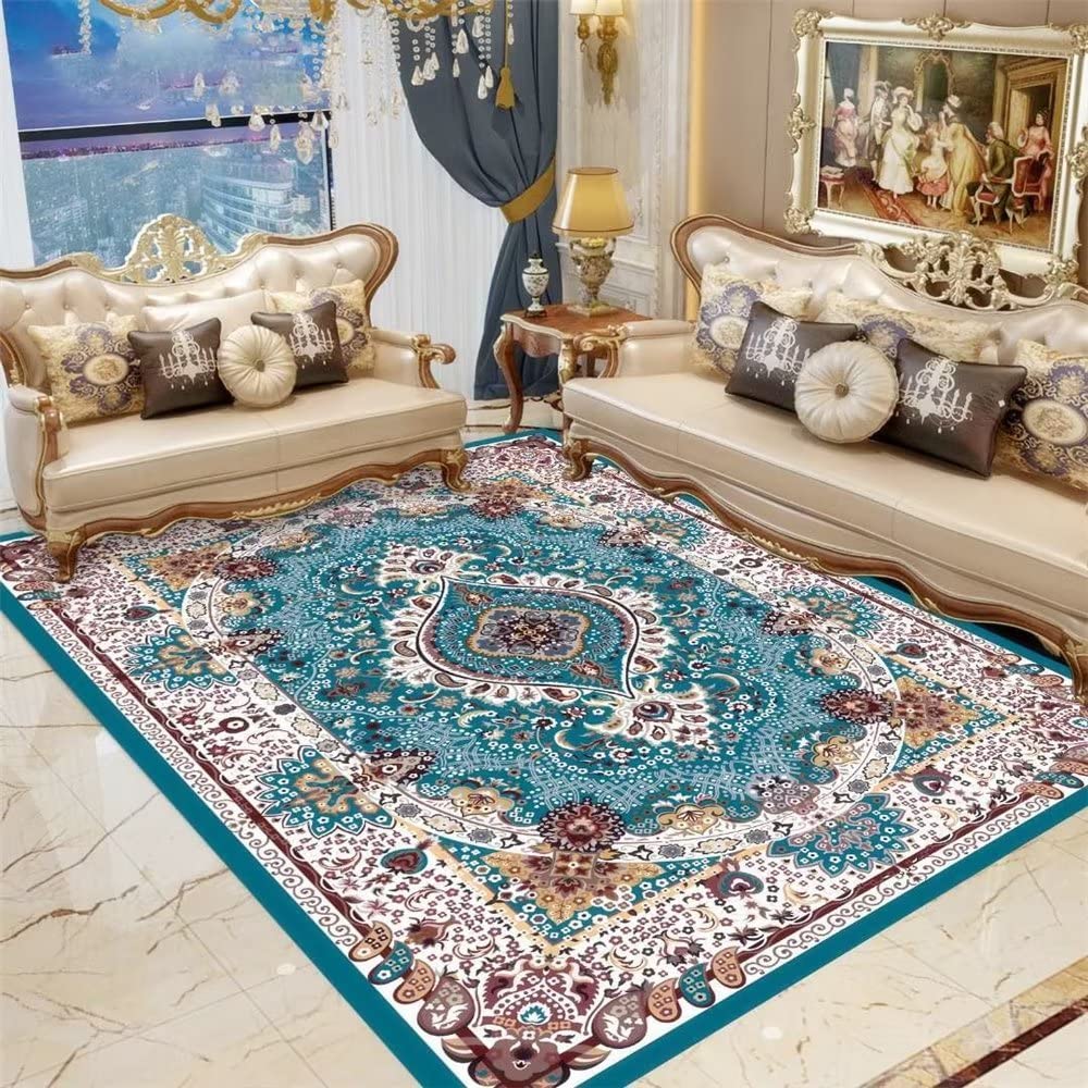 Tapis de chambre durable géométrique bleu foncé 100x200 cm avec motifs fleurs