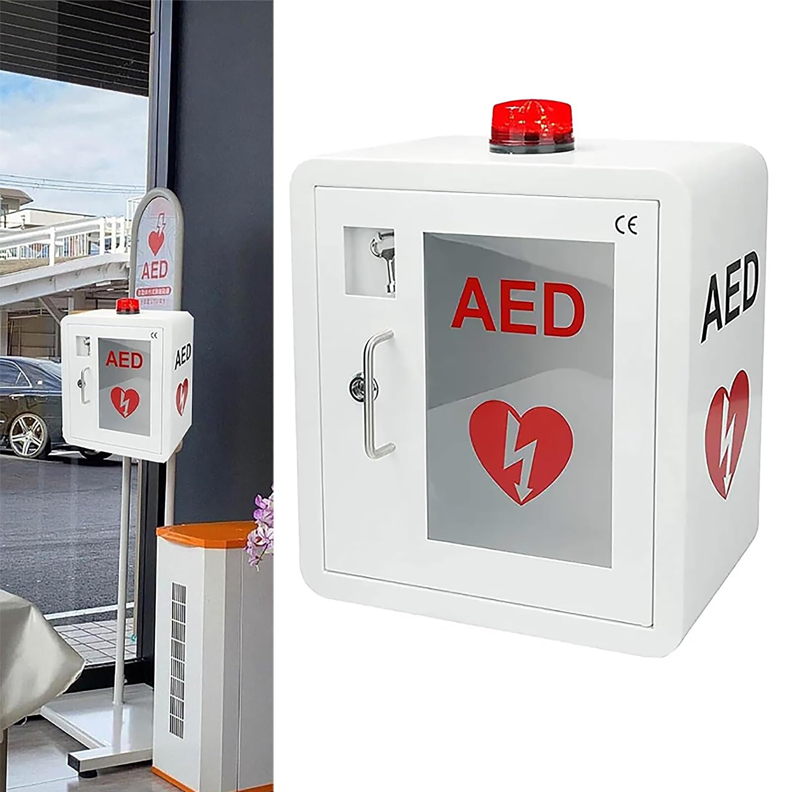 AED-Defibrillator-Aufbewahrungsschrank, wandmontierter Herzdefibrillations-Alarmkasten aus Stahl, Erste-Hilfe-Schrank mit Schlüssel und Alarmsystem, für Zuhause, Pflege, öffentliche Orte