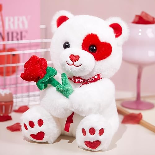 Miniatura 3 de Glow Guards Oso de peluche de 10 pulgadas con rosa, peluche de oso blanco de San Valentín para amante, lindo juguete de peluche para el día de San