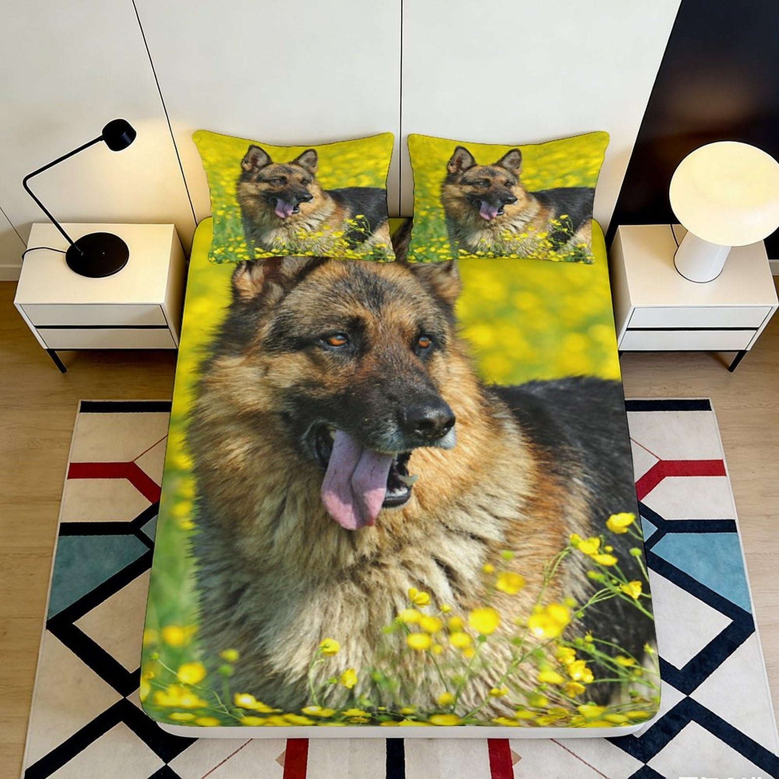 3D Printed German Shepherd Dog Fitted Sheet Microfiber Non-slip Bed Cover Yellow Flowers Bedroom Decor 120x200cm 200x200x25cm