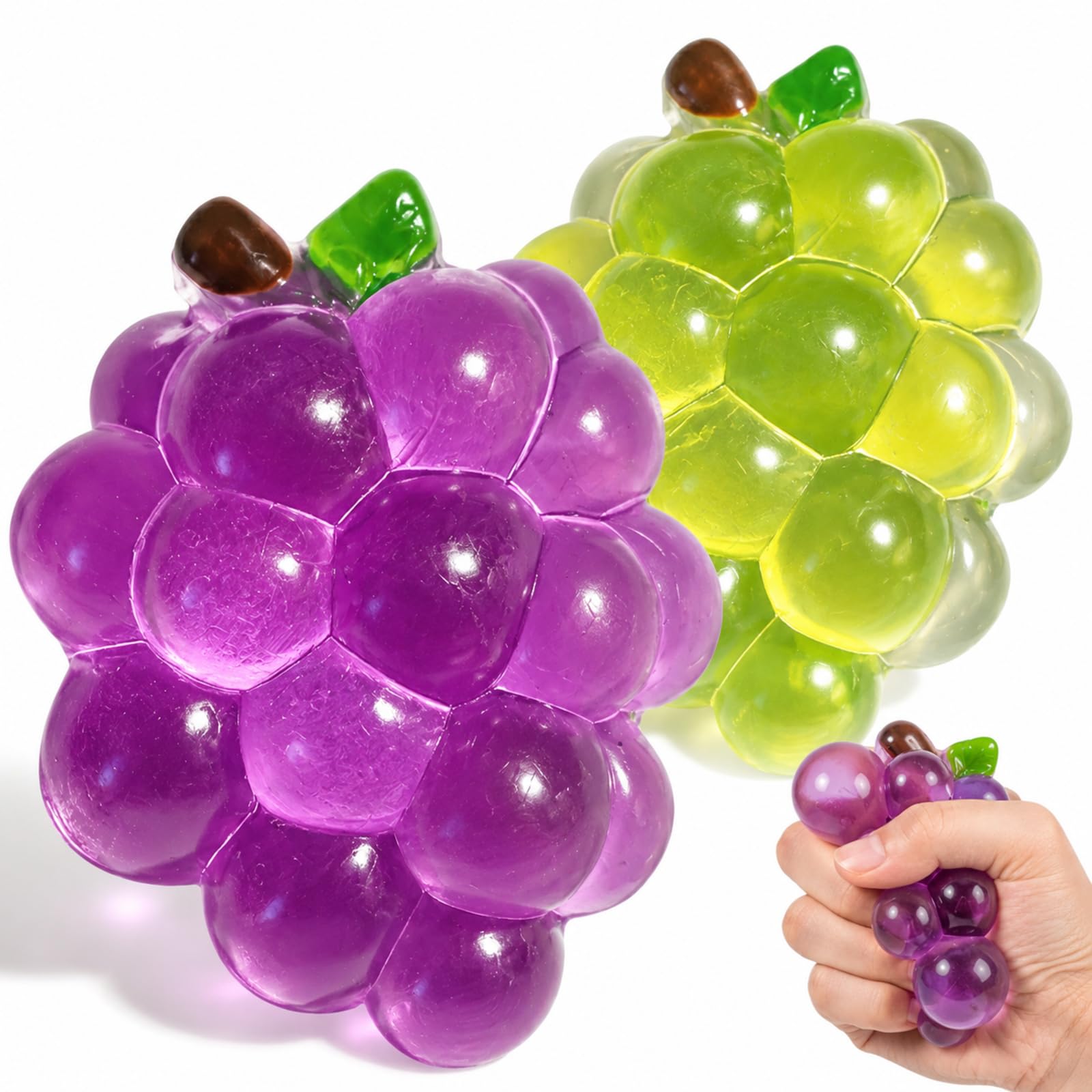 2 Pcs Grape Squishy, Fruit Squishy, Squishys Fruit, Office Desk Stress Relief Tool, Sensory Fidget for Focus Enhancement, Portable Anxiety Management (Purple and Green)