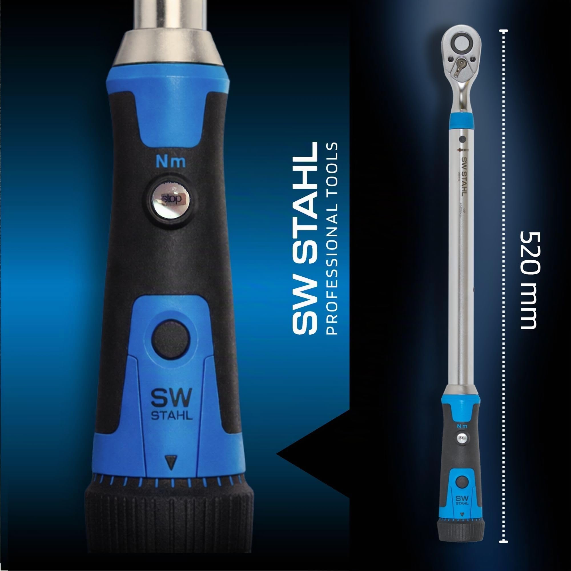 SW-Stahl 03874L Drehmomentschlüssel 1/2 Zoll, 40-200 Nm, Radschlüssel | PKW-Knarre mit 48 Zähnen für Reifenwechsel, Chrom-Vanadium Stahl, ±4% Genauigkeit, 520 mm Länge, umschaltbare Ratsche