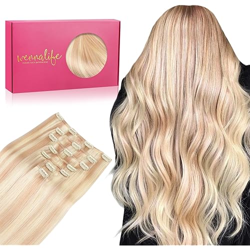 WENNALIFE Clip in Hair Extensions Real Human Hair, 18 Inch 120g 7pcs Human Hair Extensions Clip In Human Hair, Bleach Blonde Highlighted Reddish Blonde Hair Extensions Clip In Real Hair Coloured Remy