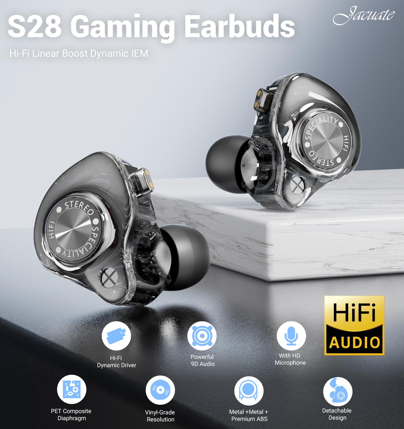 Auricolari IEM cablati, cuffie da gioco S28 con driver dinamico da 10 mm per bassi profondi e suono ad alta risoluzione cristallino, monitor in-ear con cavo staccabile per giochi, musicisti