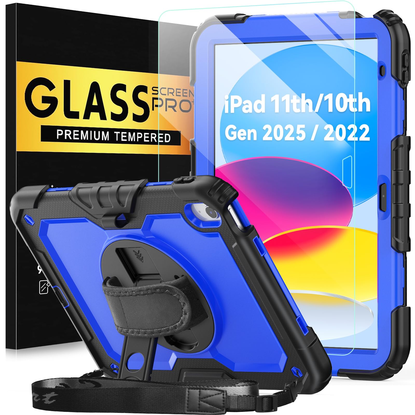 BLOSOMEET Case for iPad A16 11th/10th Generation 11''/10.9'' 2025/2022 with Tempered Glass Screen Protector & Pencil Holder, Rugged Military Grade Cover w/Stand Hand Shoulder Strap, Blue