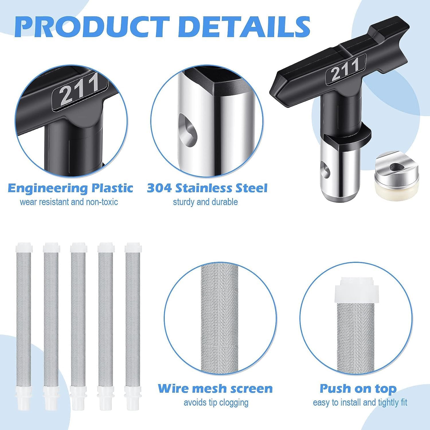 6 Pièces Buse de Pulvérisation Airless et 60 Mesh Éléments de Filtre,Buse airless pour Pistolet à Peinture Haute Pression(211,315,417,517,523,621)