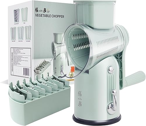 Miniatura 8 de Rallador de queso giratorio con manivela manual de 5 en 1 con cuchillas intercambiables y base de succión fuerte para verduras, triturador manual y