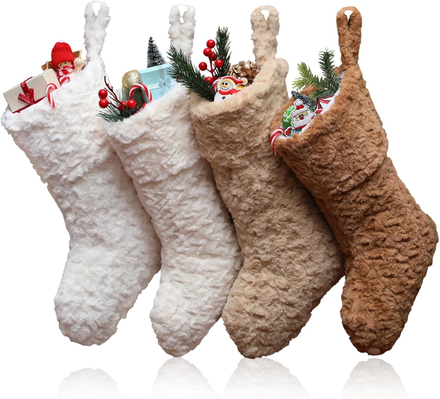 4 Pcs 18 Inch Neutral Personalized Christmas Stockings Bulk with Name Tags, Large Plush Rustic Farmhouse Xmas Stocking Modern Brown Decor for Fireplace Holiday Family(White Beige Camel Light Brown)