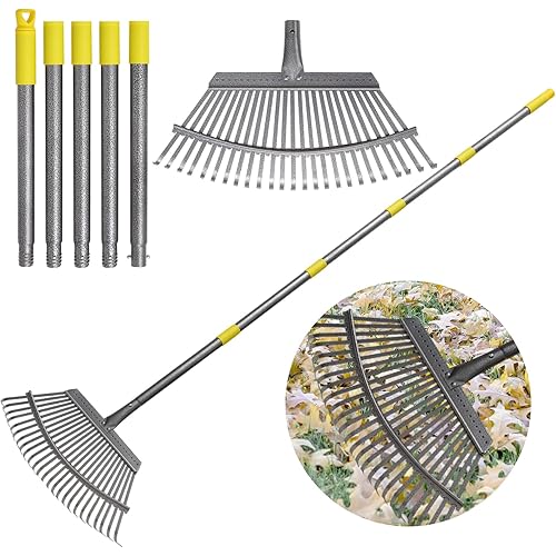 Rake for Leaves, Heavy Duty Metal Leaf Rake with 25 Tines 18" Wide Head, Adjustable 36-73" Long Handle Garden Rakes, Gardening Tools for Lawn, Yard, Shrub, Garden Beds Leaf Cleanup