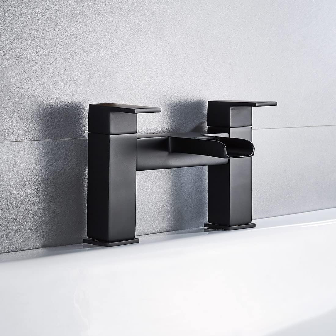 Black Waterfall Bath taps,Luckyhome Bathroom Filler Mixer Tap Chrome Double Lever Tub Tap - Image 3