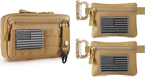 FRTKK Molle - Bolsa táctica de administración con parche de bandera de Estados Unidos y llavero y 2 bolsas tácticas Molle con 2 parches de bandera