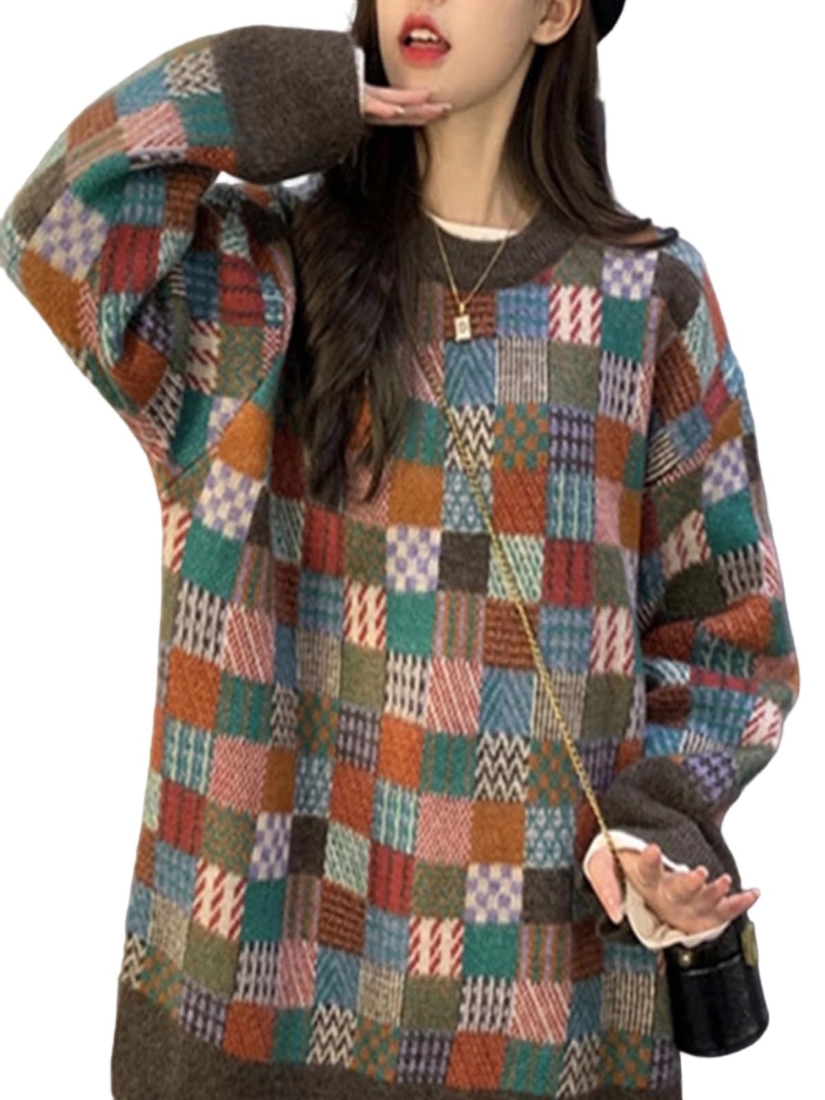 Womens Checkered Sweater Plaid Crewneck Long Sleeve Oversized Fall Knit Sweater Casual Pullover Cute Tops