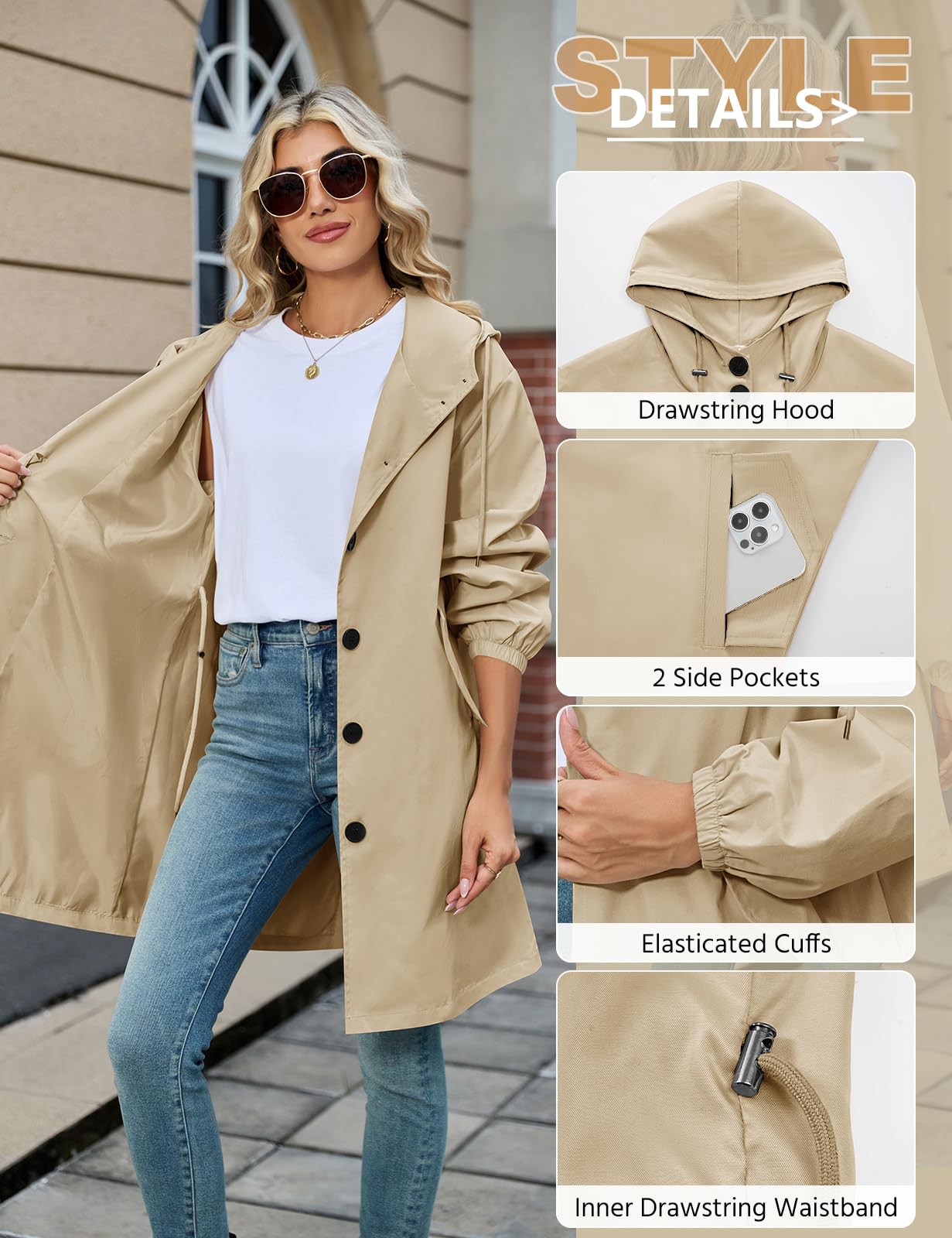 Vancavoo Gabardinas de Mujer Abrigo Largo Trench Coat Cortavientos Primavera Casual Chaqueta con Capucha