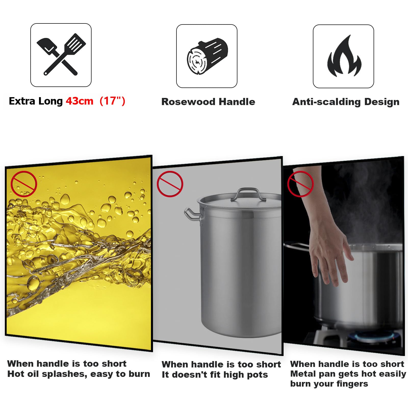 Juego de utensilios de cocina de acero inoxidable, juego de utensilios de cocina de 4 piezas de 17 pulgadas de largo, utensilios de wok de mango de madera con Skimmer, espátula de wok,
