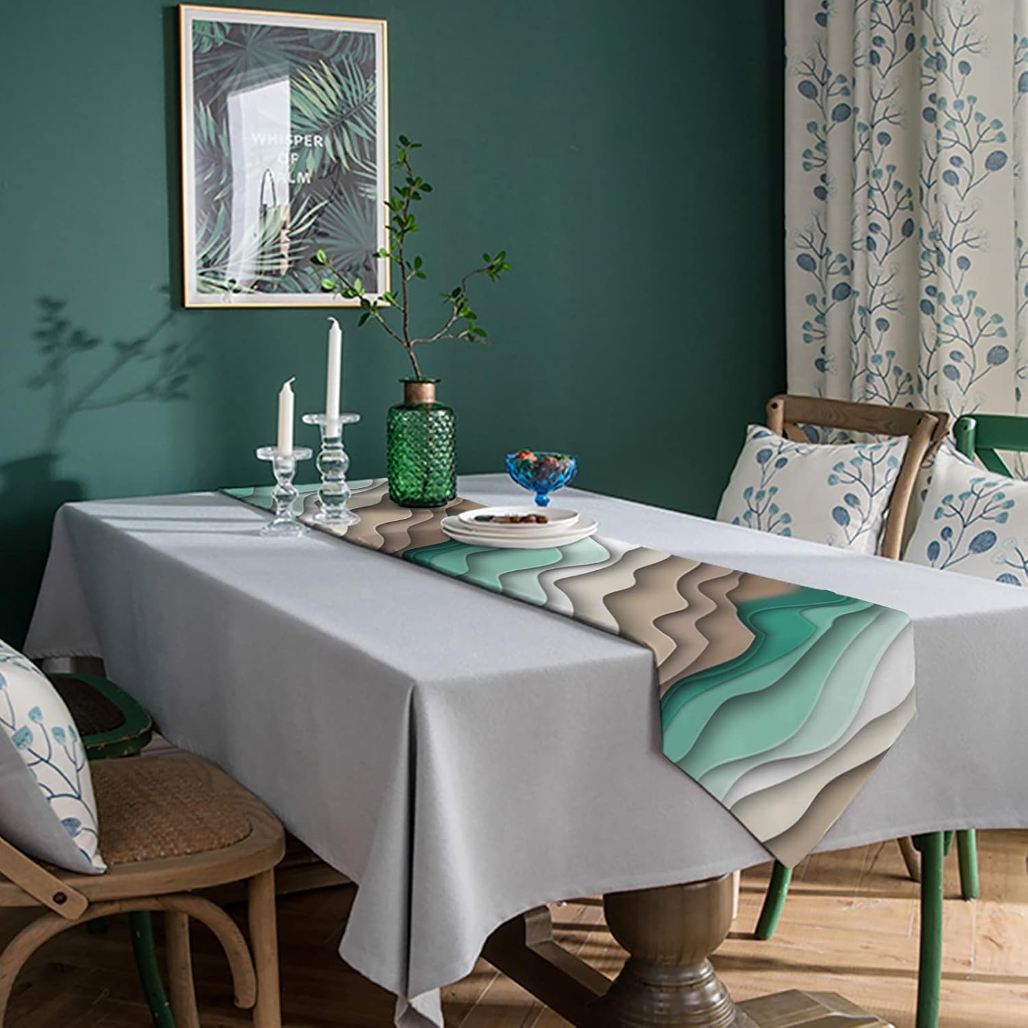 Green Brown Gradient Stripes Table Runner 90 inch,Geometric Dresser Scarves Tabletop for Kitchen Party Holiday Dining Table Outdoor Indoor