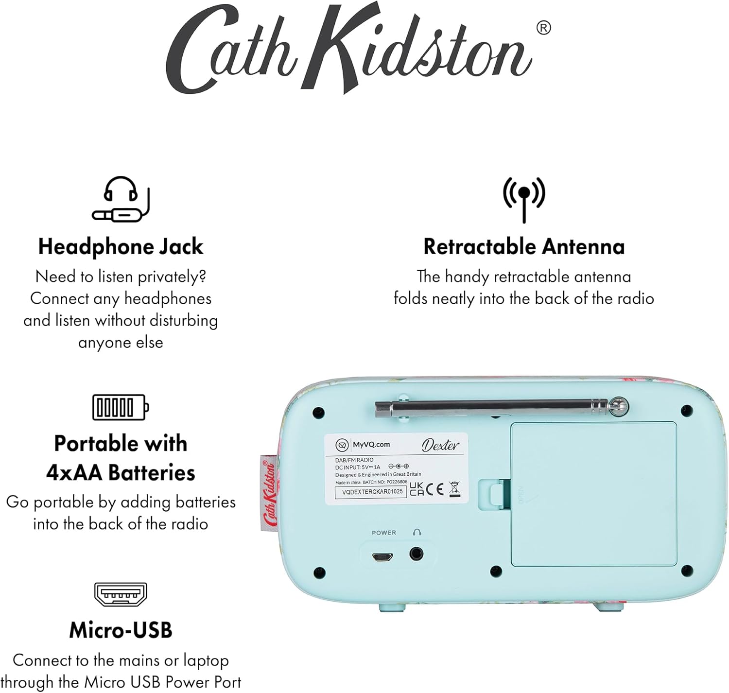 Graphic illustrating VQ Dexter features: Headphone Jack, Retractable Antenna, Portable with 4xAA Batteries, Micro-USB power.