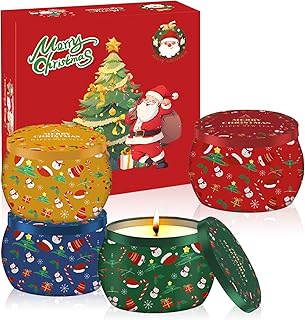POPOYU 4P Christmas Scented Candles Gift Set, Strong Fragrance Aromatherapy, Natural Soy Wax, Stress-Relieving Scents: Freesia, Ocean, Rosemary, Vanilla Jasmine, Pear Flower