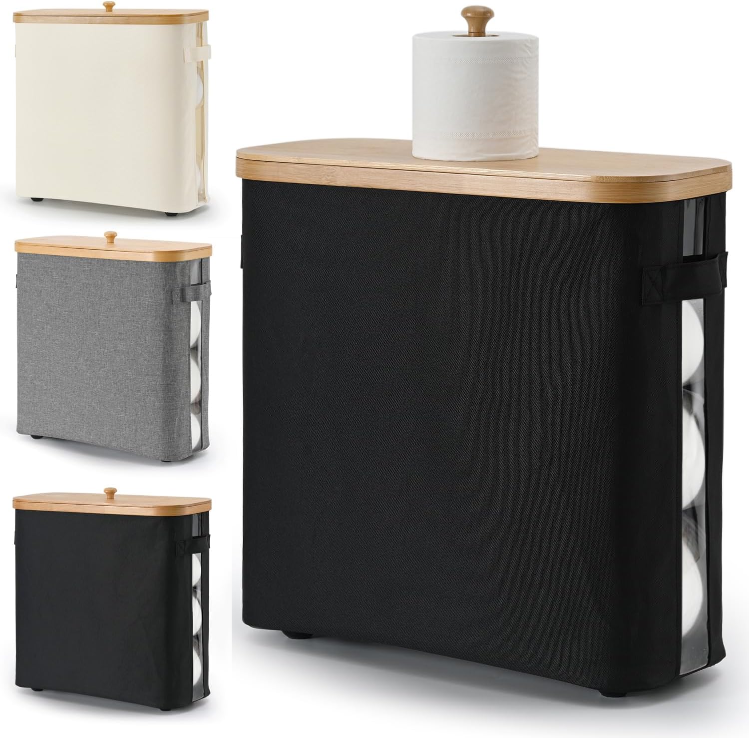 32L Bathroom Toilet Paper Storage Basket with Lid and Handle - Mega Capacity， Bamboo Collapsible Toilet Paper Holder Storage with Non-Slip Bottom, Extra Toilet Roll Storage, Starry Black，1 Pack