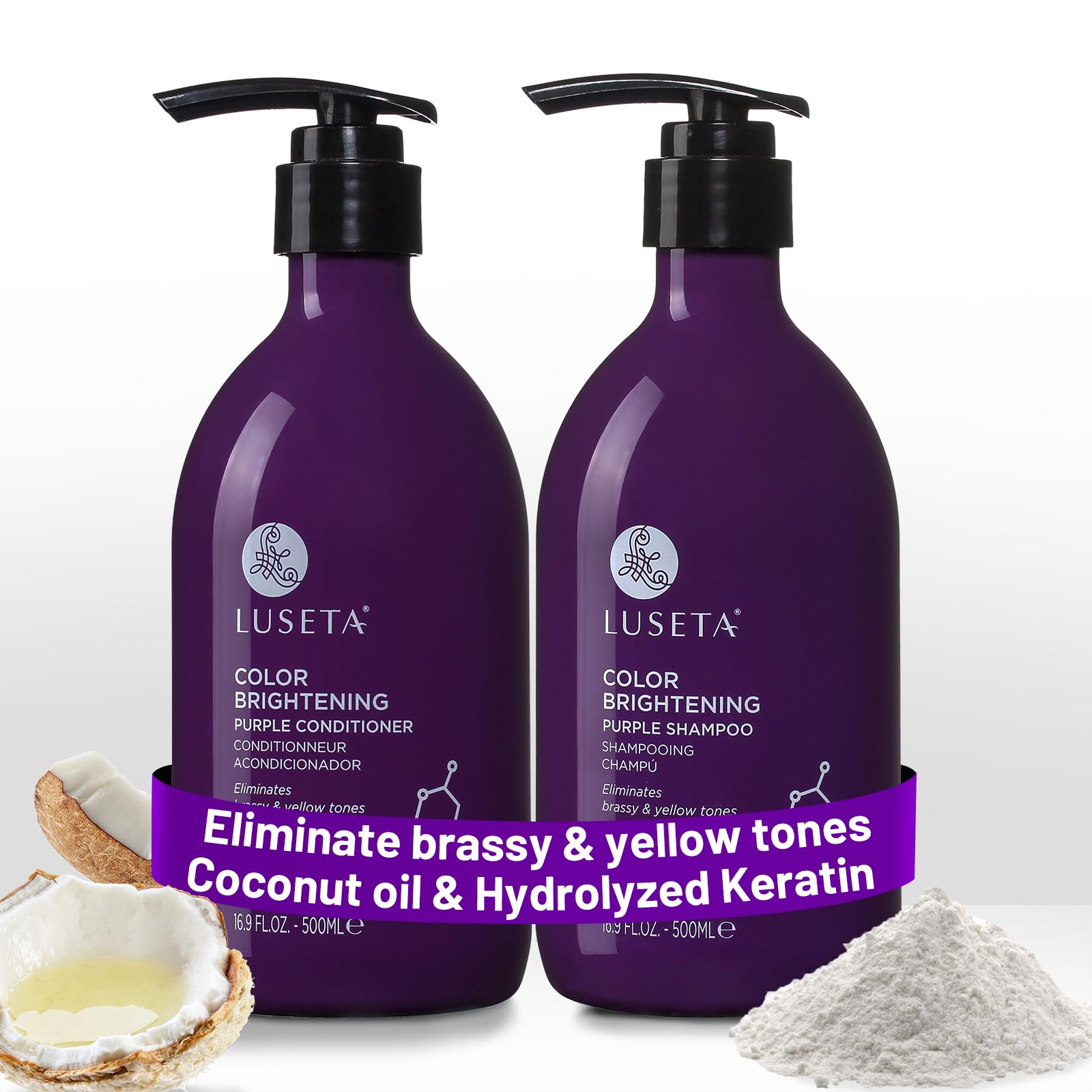 L Luseta Luseta colour brightening purple shampoo and conditioner set for blonde and gray hair infused with cocos nucifera oil to help nourish moisturize and condition hair 2x500ML