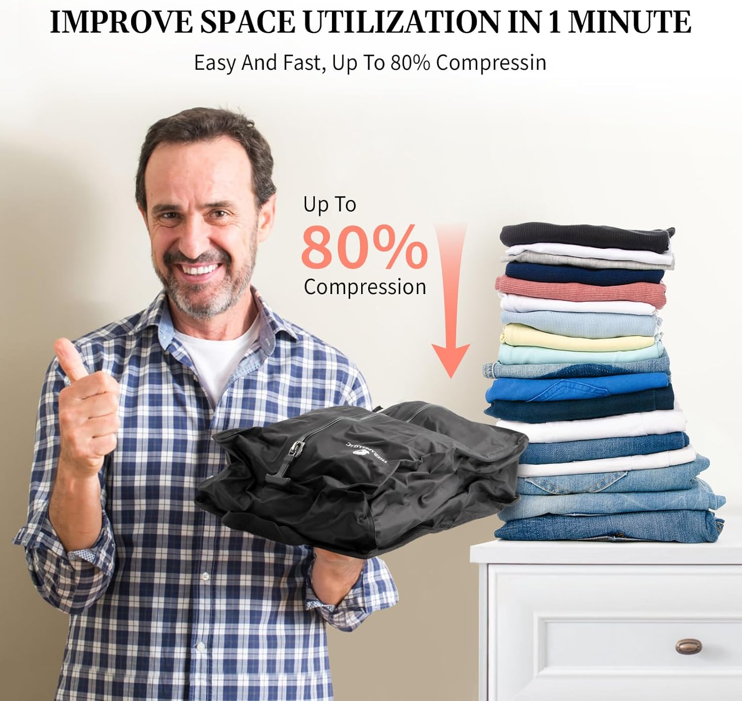 Vacuum Compression Bags for Travel with Usb Electric Pump, Reusable & Space Saver Vacuum Storage Bags with Waterproof Zipper for Duitcase and Backpack, Black (2Pack+Pump)