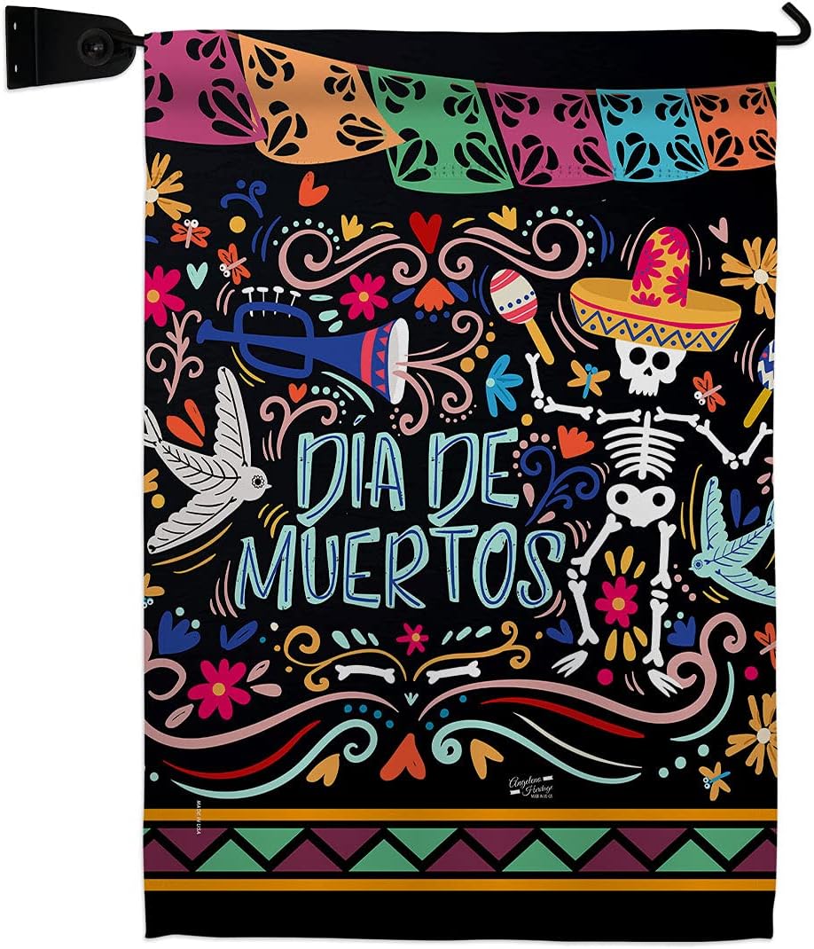 Colorful Dia de Muertos Burlap Garden Flag Falltime Day of Dead Los Fiesta Mexican Party Autumntime Small Decorative Gift Yard House Banner Double-Sided Made In USA 13 X 18.5