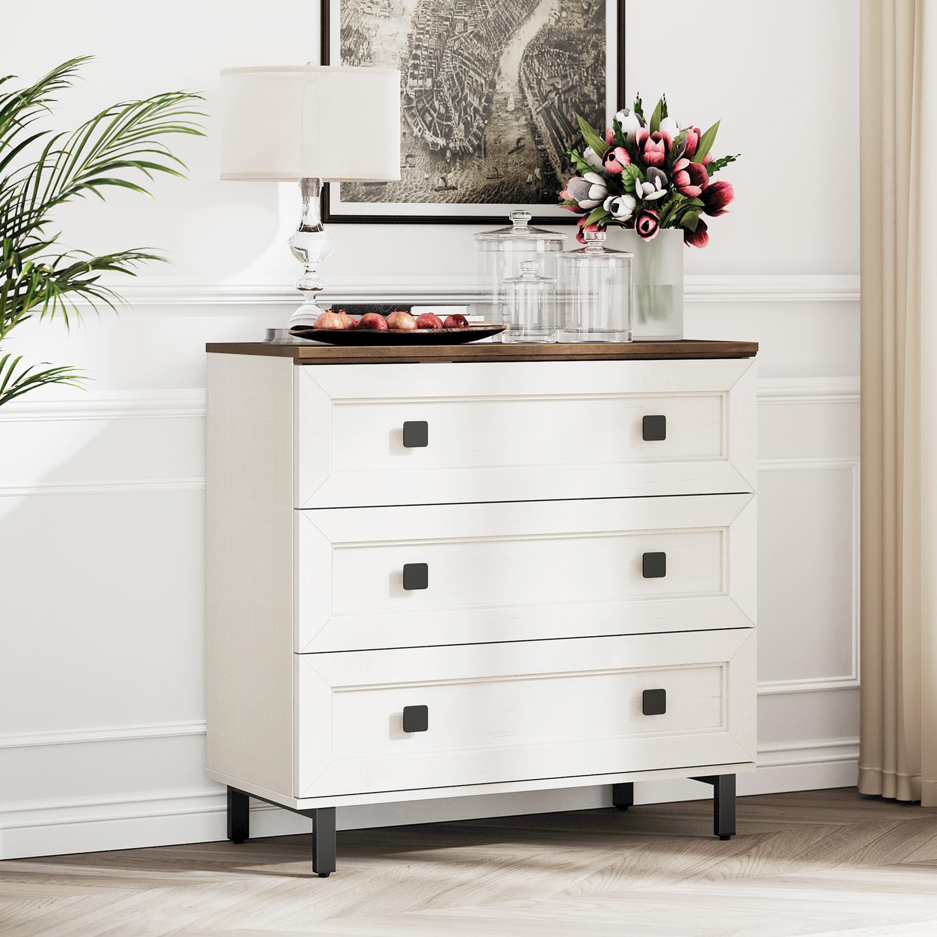 FENSULN Modern White Dresser for Bedroom with 3 Drawers,Chest of Drawers with Organizer Storage for Bed Room,Livingroom Hallway