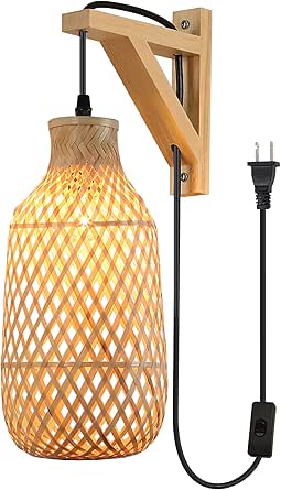 Buy Hand Woven Bamboo Pendant Lighting For Kitchen Island, Plug In Cord Ceiling Hanging Wicker Lamp Rattan Basket Chandelier Bamboo Light Fixture For