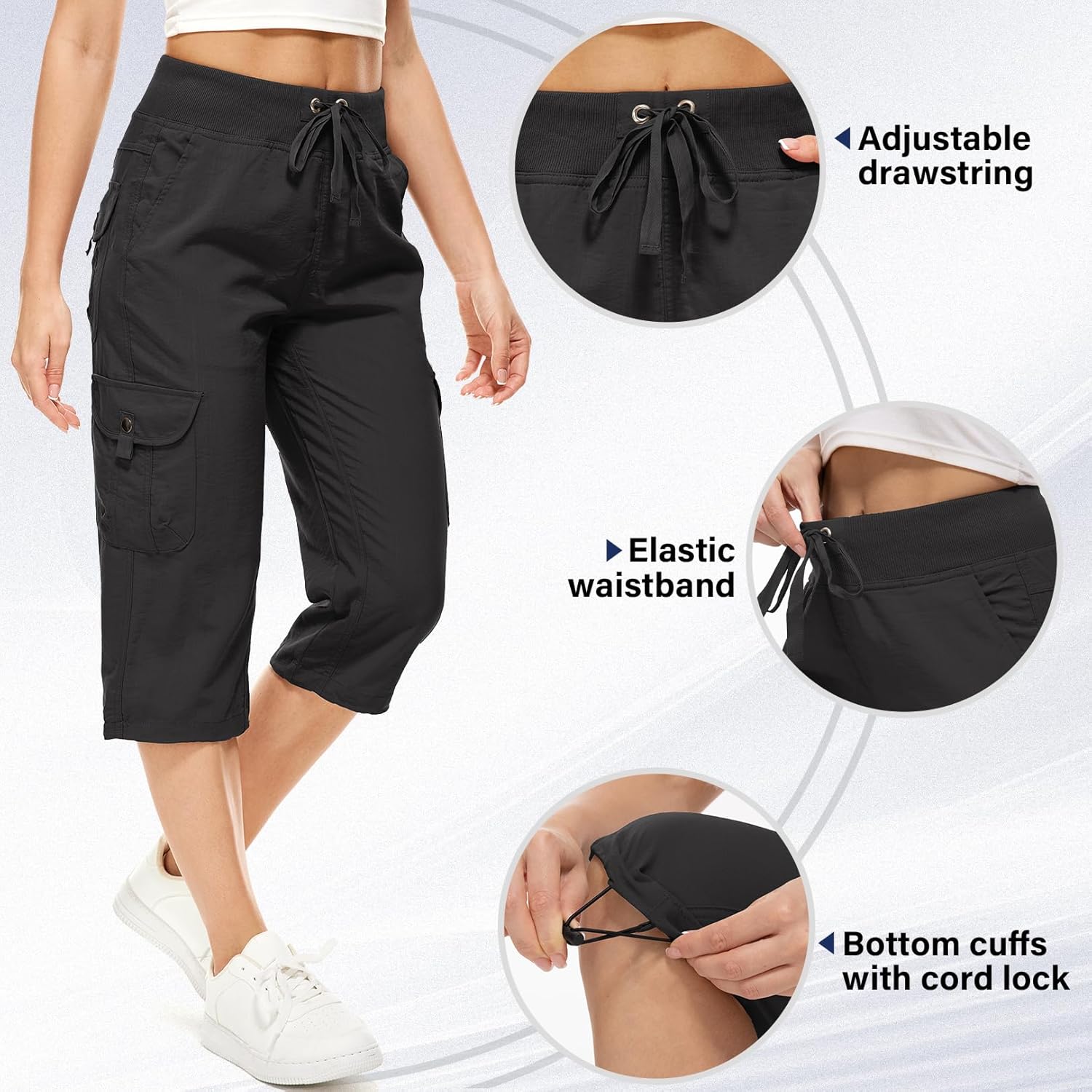 Women's Cargo Capris Hiking Pants with 6 Pockets Lightweight Quick Dry Outdoor Travel Casual Comfy Summer Pants(2032 Black XXXL) - Image 5