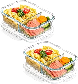 2 pieces prep box glass: glass container with lid with 2 compartments, glass container for preparation 1000 ml, glass food containers BPA-free, airtight, for dishwasher, microwave, oven