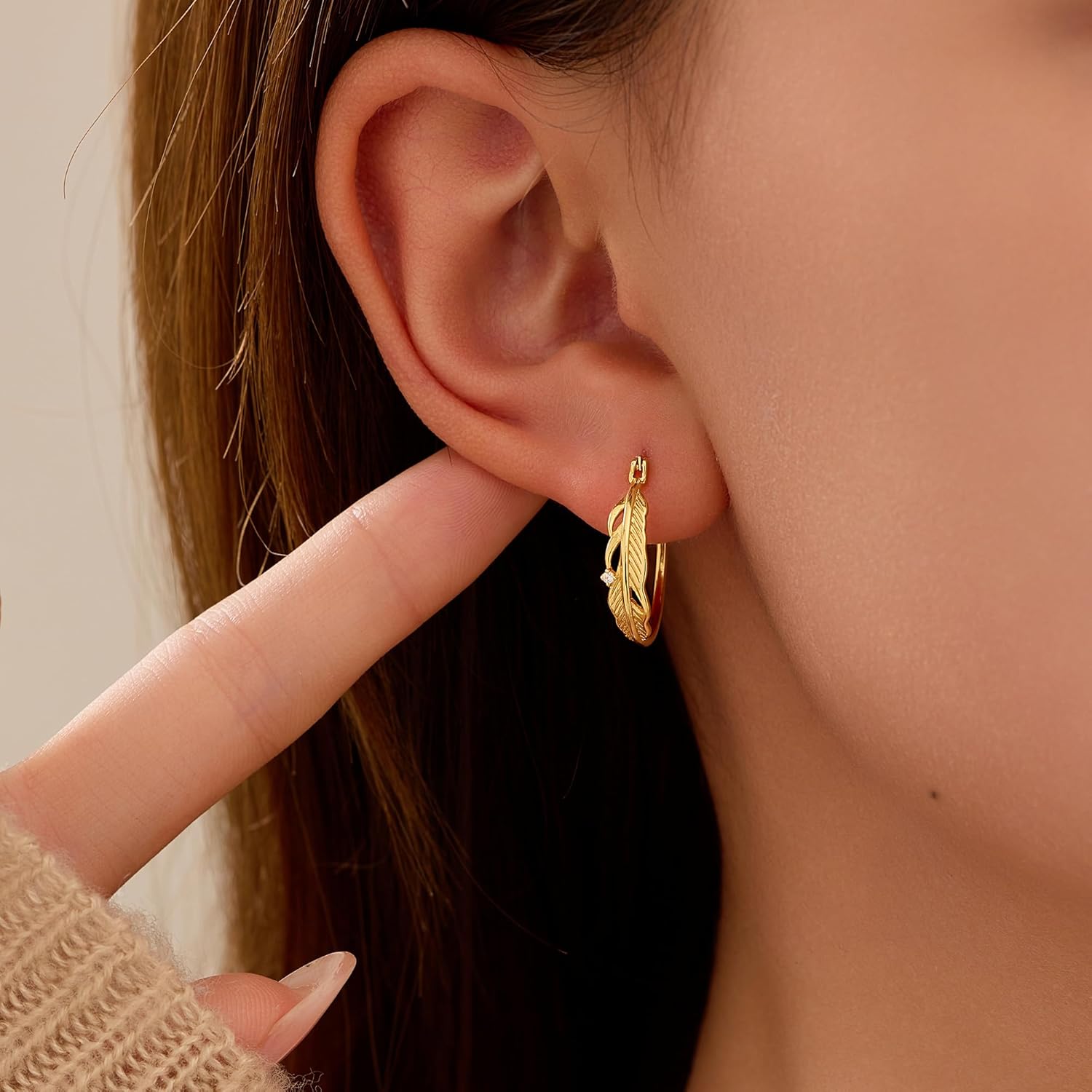 LOVECOM 14k Gold Plated Feather Filigree Hoop Earrings for Women Cute 925 Sterling Silver Post Leaf with CZ Animals Huggie Earring Women's Round Hypoallergenic Earring Jewelry Gifts to Daughter - Image 2