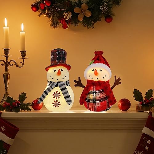 Miniatura 6 de Decoración de mesa de Navidad, 2 piezas de muñeco de nieve con luces LED blancas cálidas, decoración de muñecos de nieve para invierno, hogar,