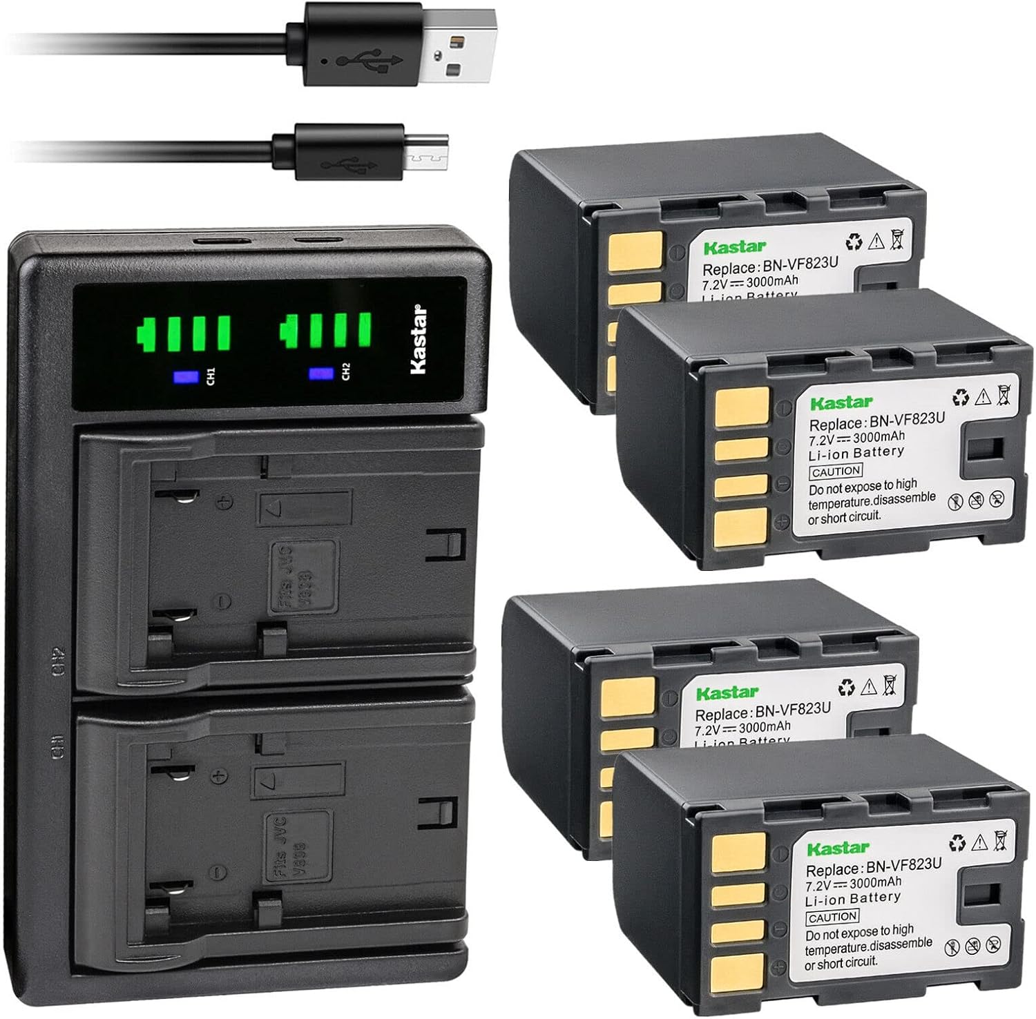 Kastar 4-Pack BN-VF823 Battery and LTD2 USB Charger Replacement for JVC BN-VF808 BN-VF808U BN-VF815 BN-VF815U BN-VF823 BN-VF823U BN-VF915 BN-VF915U BN-VF923 BN-VF923U Battery, JVC GY-HM170U Camera