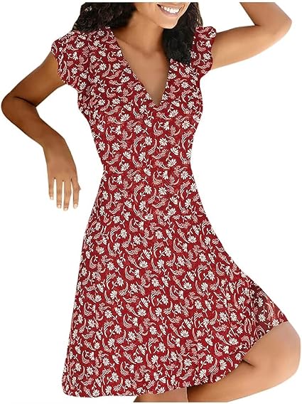 Abiti da donna Summer Summer V-Neck Plant Stampa a maniche corte Abiti a maniche  corte #0926 (Color : Red, Size : XX-Large) : Amazon.it: Abbigliamento