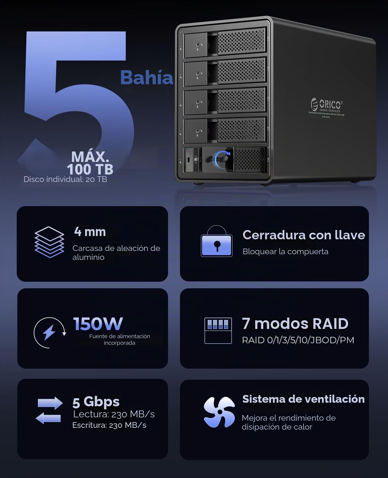 ORICO Raid Carcasa Externa para 5 Discos Duros,USB 3.0 a SATA Caja Disco Duro 3.5" para HDD y SSD SATA I/II/III,Soporta Raid-Raid 0/1/5/10,MAX 100 TB