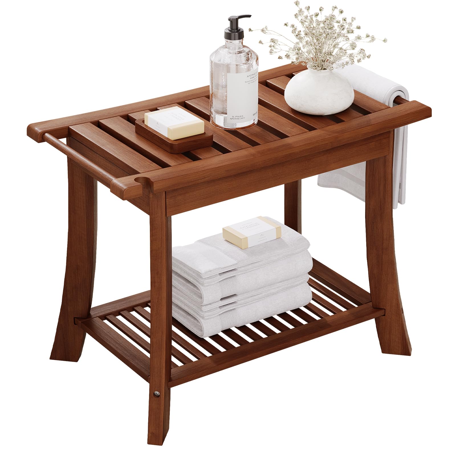 Teak Shower Bench, 24 Inch Teak Shower Stool 300lbs Wood Shower Chair Seat with Storage Shelf Towel Rack for Bathroom Indoor and Outdoor Use