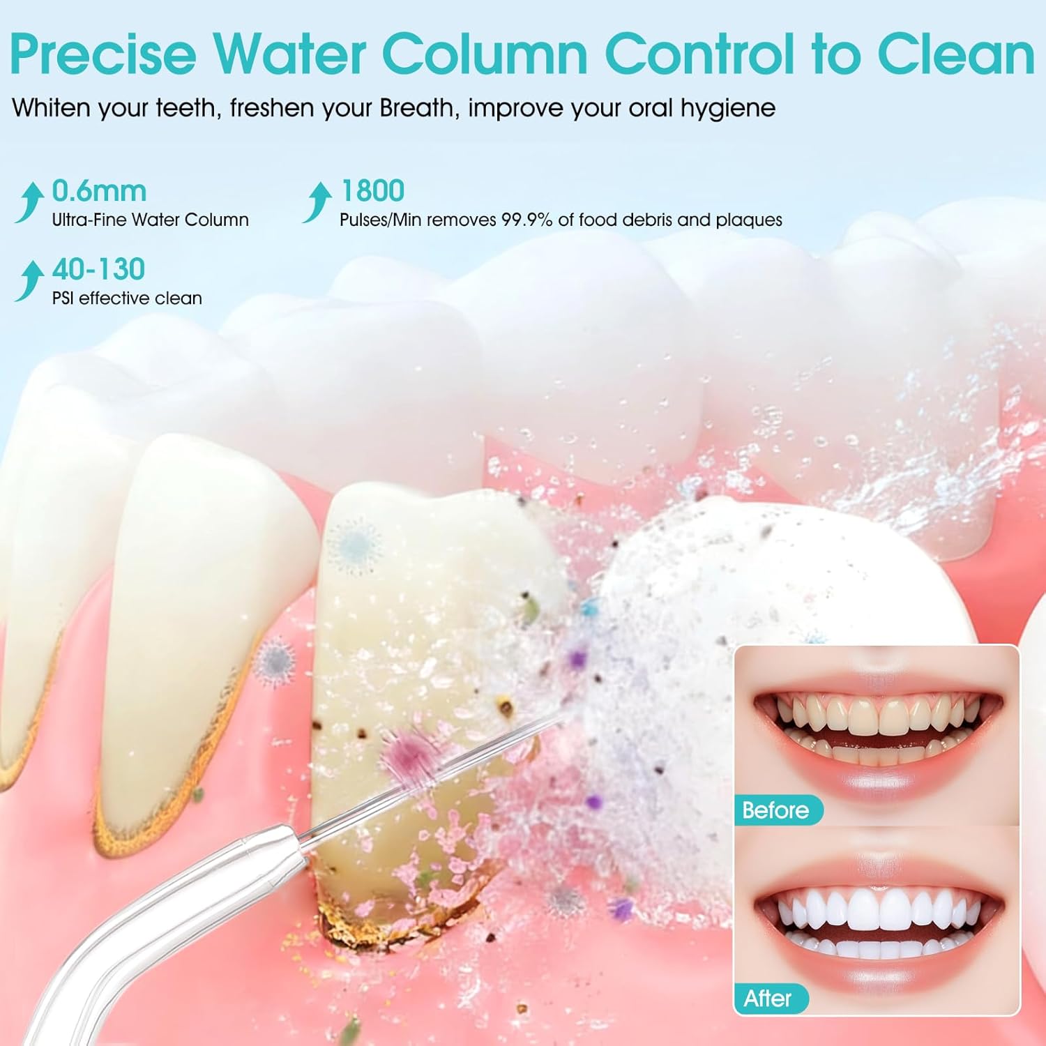Water Flosser Cordless for Teeth - 50 Days Battery Life, 300ML Portable Oral Irrigator with 5 Tips, IPX7 Waterproof Dental Flosser for Braces, Travel & Large Gaps, 3 Modes Rechargeable Dental Cleaner