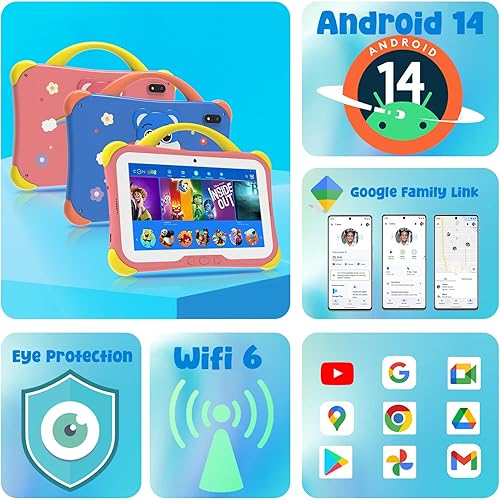 Miniatura 3 de CWOWDEFU Tablet para niños, tableta de 7 pies para niños, tableta Android 14 de 64 Gb con batería de 4000 mAh, Bluetooth 5.0, WiFi 5G, cámara dual