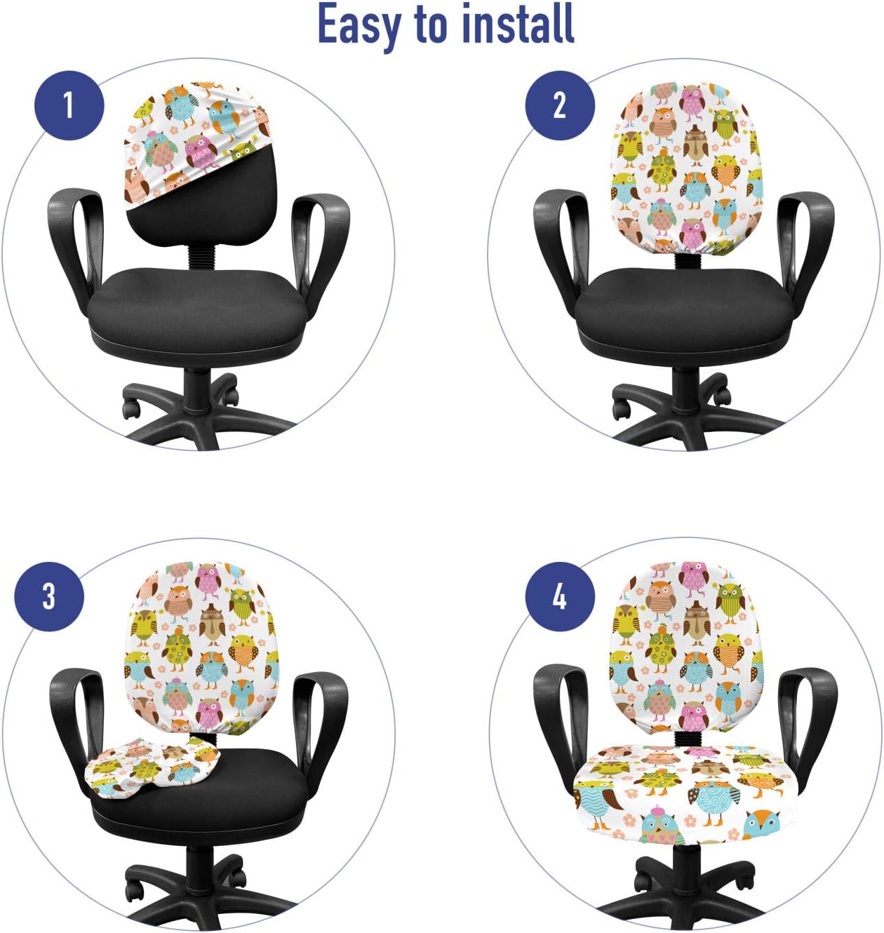 Ambesonne Owls Office Chair Slipcover, Floral Bird Daisies Oranges Sunglasses Stripes Swirls Hearts Colorful, Protective Stretch Decorative Fabric Cover, Standard Size, Aqua Green