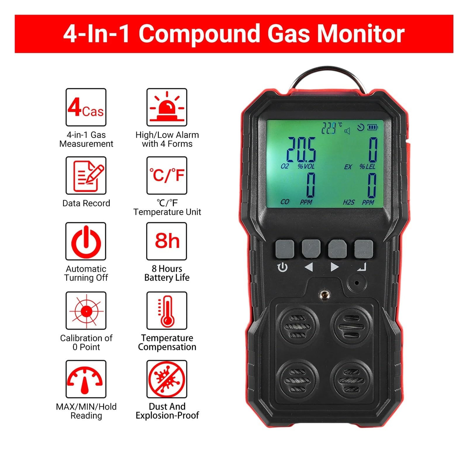 Monitor pomiaru gazów 4 w 1 Monitor gazu LEL/O2/H2S/CO Wyświetlacz LCD Dźwięk Światło Wibracja Alarm Rejestracja danych Precyzyjne czujniki do szybkiego wykrywania
