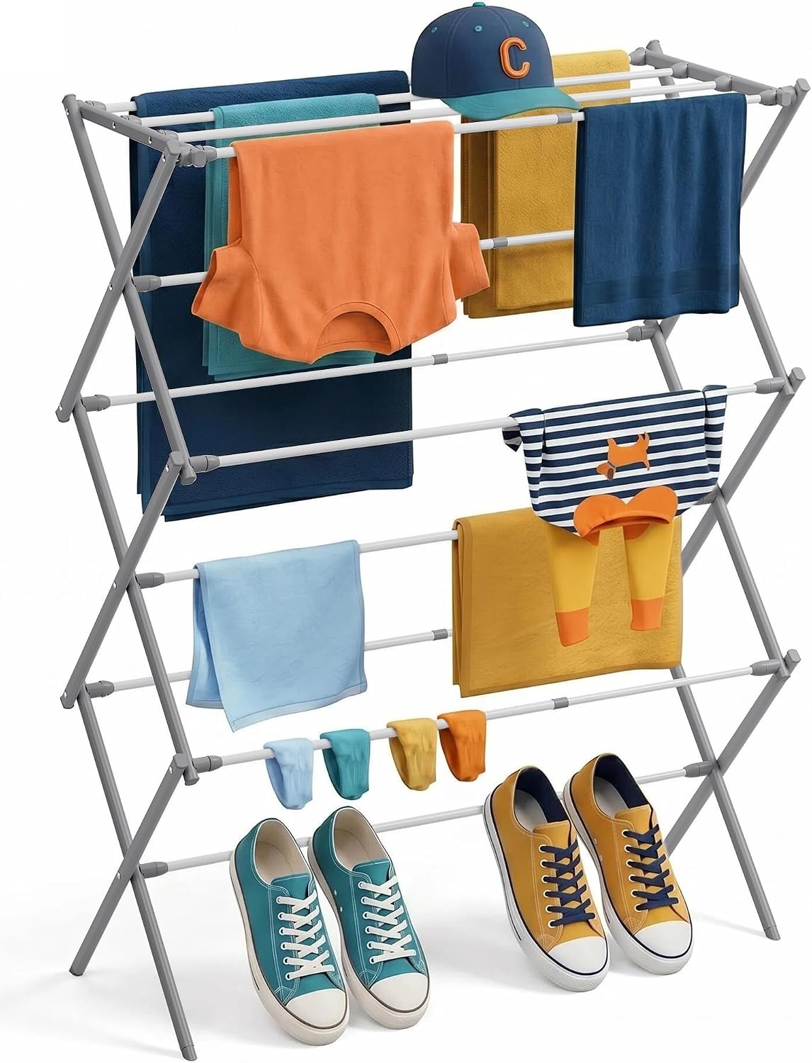 KINGBOARD 3-Tier Foldable Metal Clothes Drying Rack, Collapsible Space Saving Laundry Dryer Rack, 25lbs Load Capacity, Grey-New for Baby Clothes, Towels & Socks