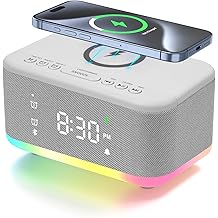 Wireless Charging Alarm Clock Bedroom, Loud Digital Alarm Clocks Bedrooms, Alarm Clock Night Light Speaker 8W Snooze Dual Alarm 12/24H Adjustable Brightness Dimmer Bluetooth, Grey