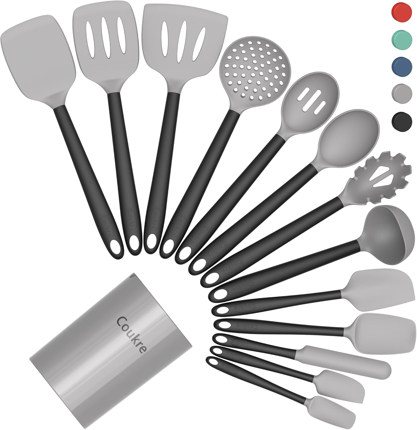 Coukre Silicone Kitchen Cooking Utensils Set with Holder – Heat-Resistant, Food-Grade Kitchen Tools, Spatula, Spoon & Gadgets for Non-Stick Pans, Dishwasher Safe (14, DarkBlue)