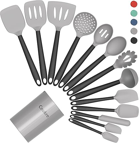 Miniatura 19 de Coukre Juego de utensilios de cocina de silicona con soporte, resistentes al calor, herramientas de cocina de grado alimenticio, espátula, cuchara