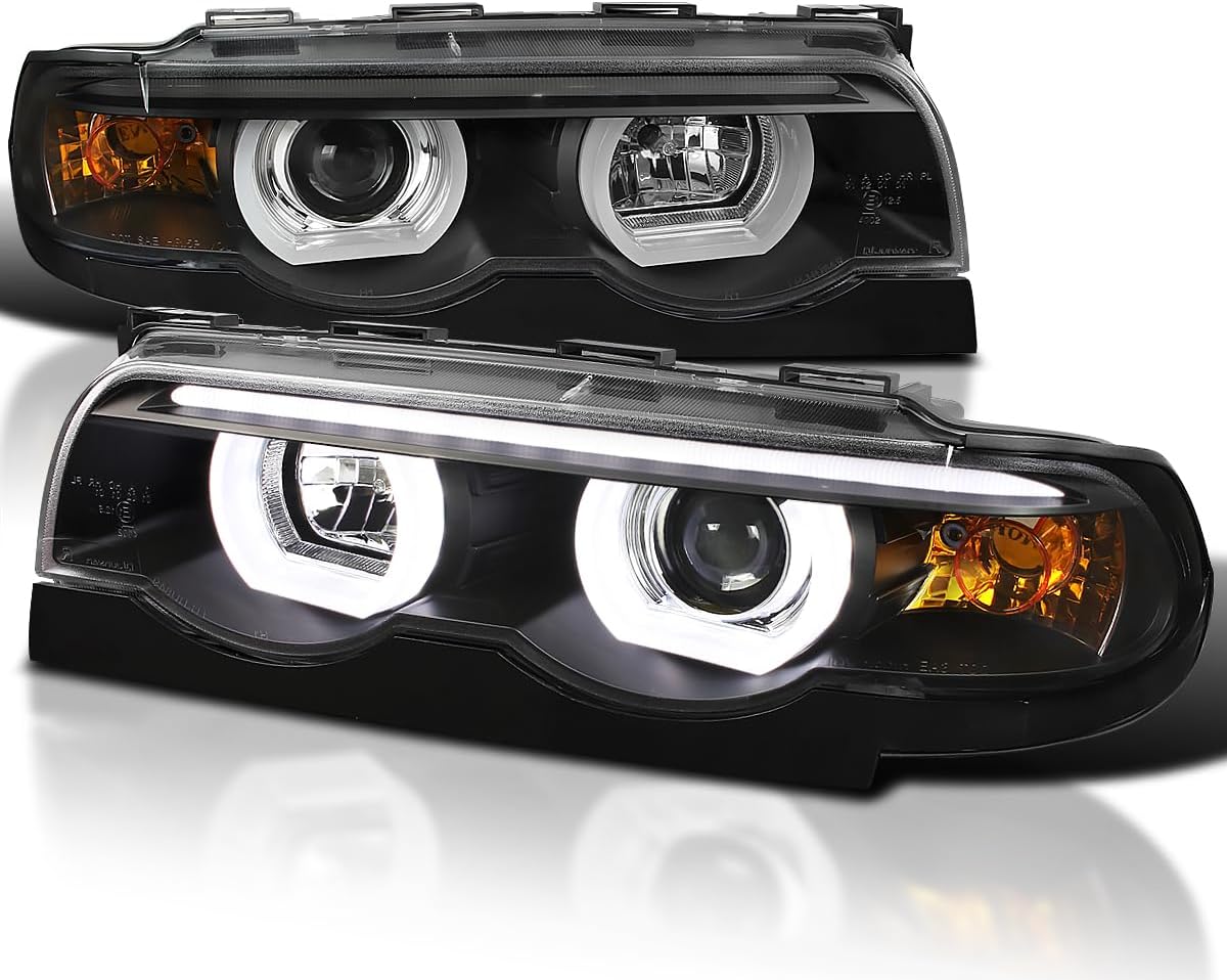 Euro Black Projector Headlights Dual Halo Led Compatible with BMW E38 7-Series 1995-2001 L+R Pair Head Light Lamp Assembly
