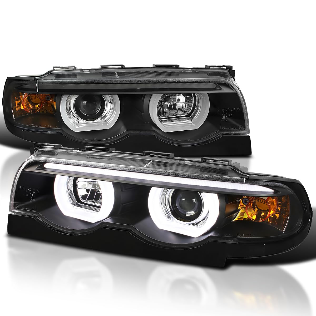 SPEC-D TUNINGBlack LED Dual Halo Projector Headlights Compatible with 1995-2001 BMW E38 7-Series, Left + Right Pair Headlamps Assembly
