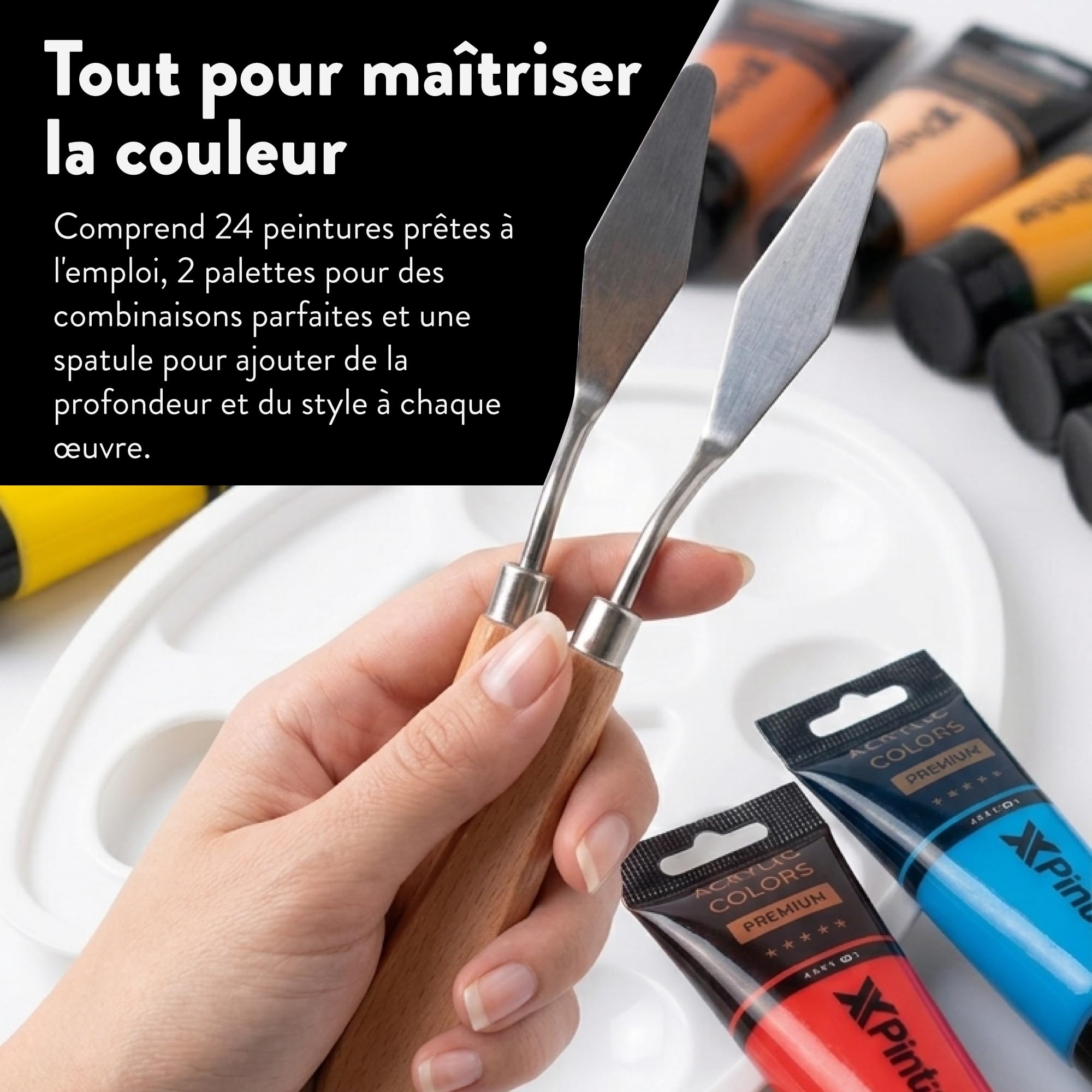 Kit de peinture acrylique avec 2 chevalets, 2 toiles 24 couleurs de 35 ml, 12 pinceaux, 2 spatules et 2 palettes pour couples adultes, cadeau créatif artisanat, décoration et loisirs à la maison et