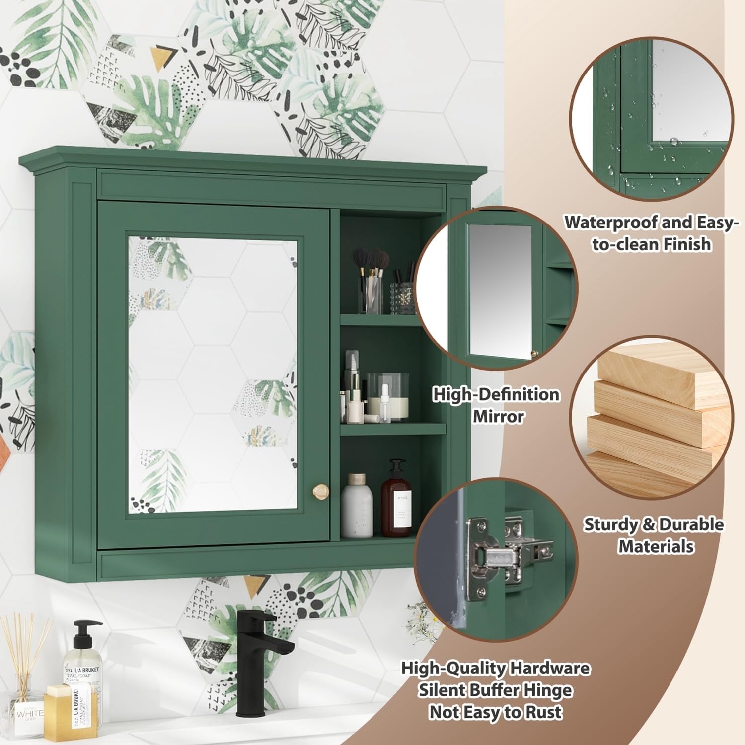 30" x 28" Wall-Mounted Bathroom Storage Cabinet with Mirror and 3 Open Shelves