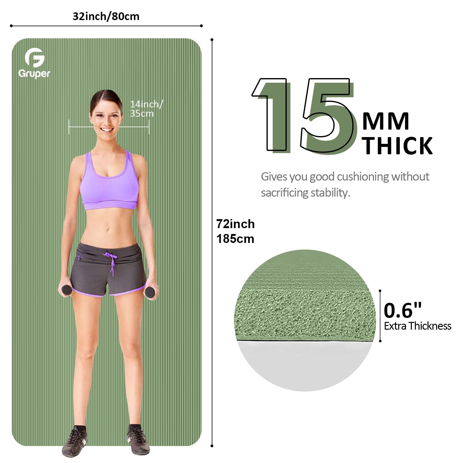 Tapete de yoga antideslizante NBR grueso, 185 cm de largo x 80 cm de largo x 15 mm/10 mm, tapete de ejercicio antidesgarros con correa de transporte y bolsa, alfombrillas de entrenamiento para yoga