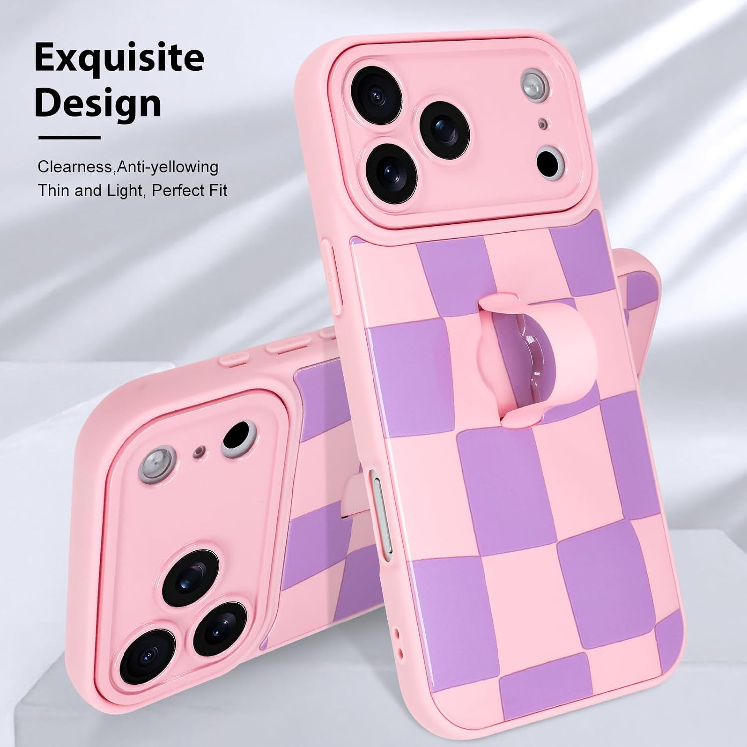 KANGHAR Compatible with iPhone 17 Pro Max Case 2025, Silicone Checkered Cute Pattern, Wristband Kickstand Camera Protection Soft Slim Cover for Girls Women -Pink Purple