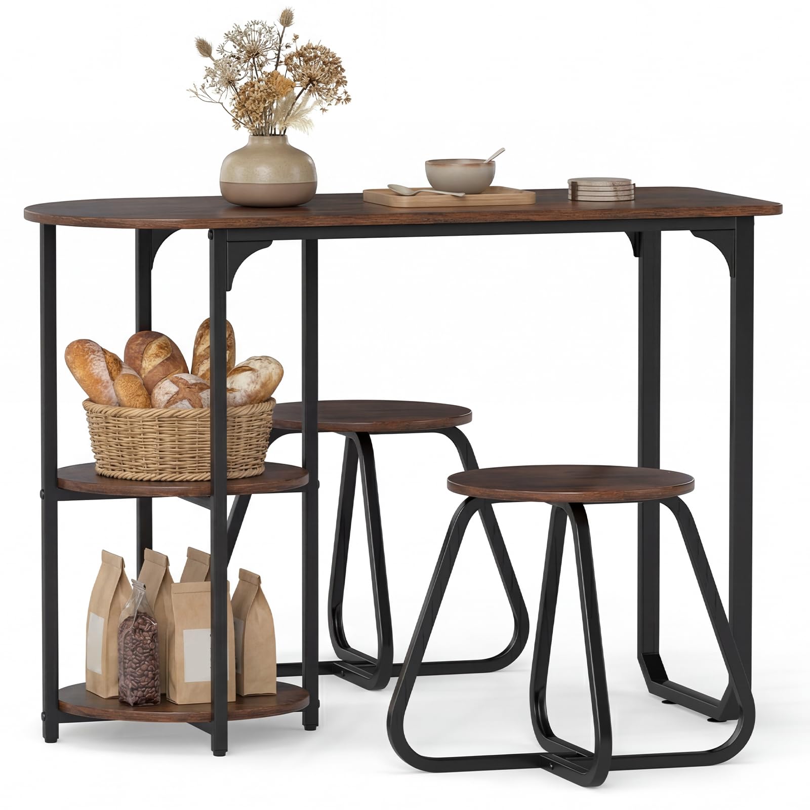 GIANTEX Conjunto de comedor con mesa y 2 taburetes, mesa de comedor con 2 estantes, mesa de madera de 110 x 45 x 78 cm, mesa de cocina rectangular para espacios pequeños, cocina, salón (marrón)